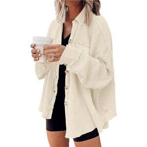 Women's Apricot Shacket Waffle Knit Oversized Button Down Shirts Fall Outfits
